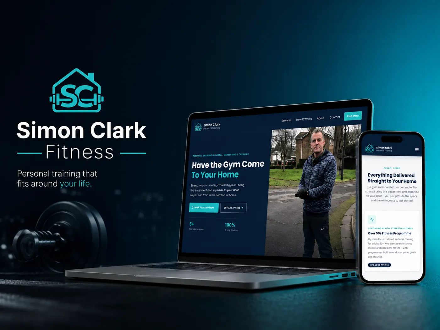 Simon Clark Fitness website homepage showing personal trainer services for clients over 50 in Berkshire